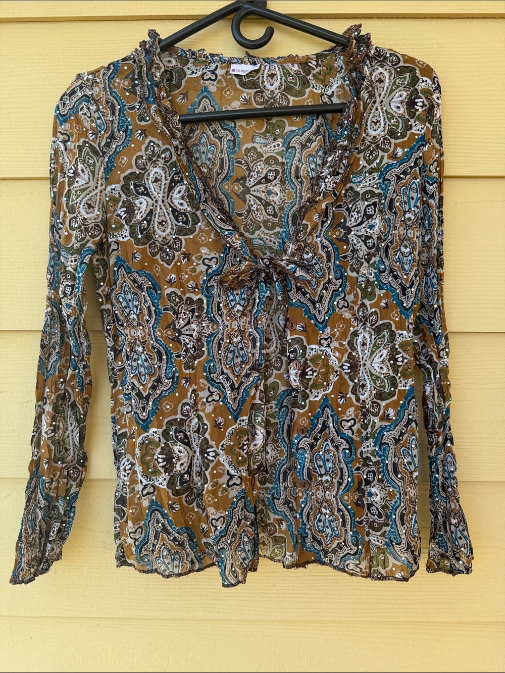 Vintage Y2K Whimsigoth Fairycore Sheer Paisley Sequin Tie Button Front Top